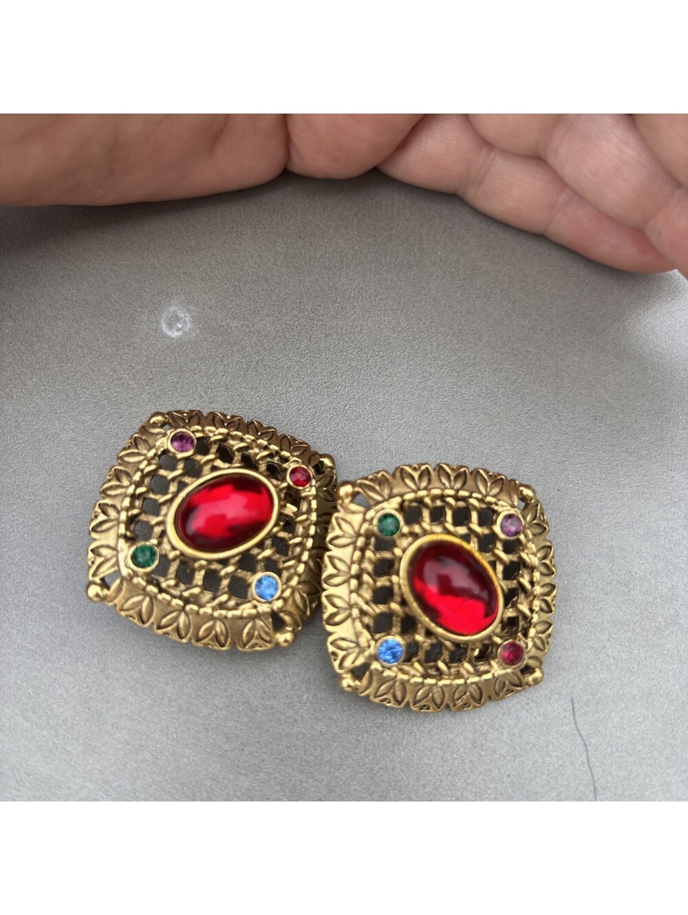Vintage DETAILED Goldtone & RED POURED Glass GRIPOIX Earrings RUNWAY STYLING